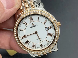 Swiss Made Pronto Mens Date White Dial Sapphire Two Tone s/s 3 Atm Quartz Watch - Picture 1 of 15