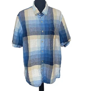 TOMMY BAHAMA Men Linen Shirt Button Front Short Sleeve Sz L Blue Checker 9-20 - Picture 1 of 8