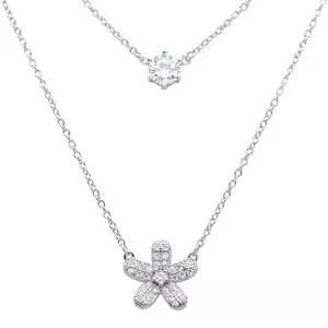 Argento Sterling Doppio Catene Collana W/Zirconi Pietre Ibisco Fiore Ciondoli - Foto 1 di 3