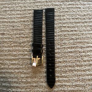 Genuine  Shiny Black Lizard Watch  Strap Size 14mm With Gold Plated Tan Buckle