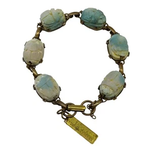 VTG San Francisco Jan Michaels Scarab Brass Faux Turquoise Bracelet Rare - Picture 1 of 12