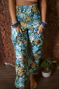 Boho Gypsy Hippy Blue Floral Pants Casual Pant Wide Leg Trendy Harem Pants SM 