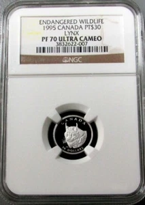 1995 PLATINUM CANADA LYNX 1092 MINTED NGC PROOF 70 ULTRA CAMEO $30 WILDLIFE - Picture 1 of 3