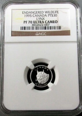 1995 PLATINUM CANADA LYNX 1092 MINTED NGC PROOF 70 ULTRA CAMEO $30 WILDLIFE - Image 1 of 3