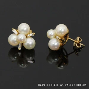 Mikimoto 18K Yellow Gold Pearl and Diamond Cluster Stud Earrings *3192-09 - Picture 1 of 14