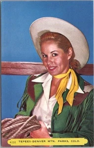 c1950s Colorado Postcard "THE TEPEES - Denver Mountain Parks" Cowgirl / Rembrant - Picture 1 of 2