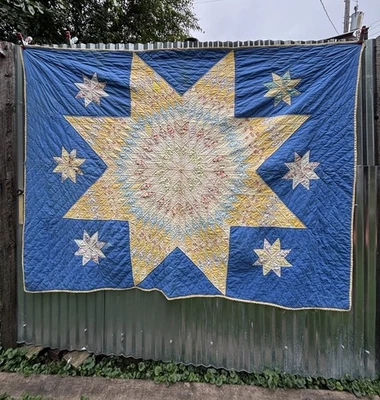 Vintage 30's 40's Lone Star Quilt Hand stitched feedsack Blue And Yellow 86x65 - Image 1 of 4