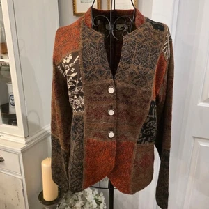 PERUVIAN LINK M Alpaka Mischung Patchwork Strick Cardigan braun rost Boho handwerklich - Bild 1 von 8