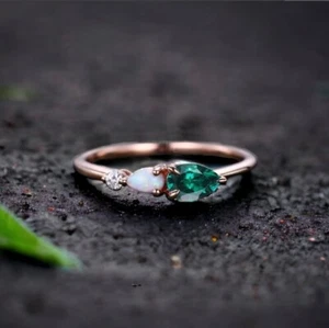 Vintage Emerald Opal Engagement Ring Pear Cut Gems Art Deco Moissanite Wedding - Picture 1 of 9