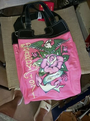 Ed Hardy Tote Bag Canvas Purse Hot Pink & Black Crossbody w/ Double Handles - Image 1 of 2