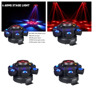4XDJ Lights 6Arm Bee Eyes LED Beam Moving Head Light with RG Laser Effect Lights - Picture 1 of 9