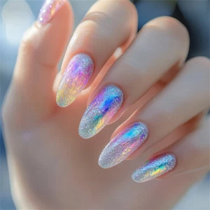 Short Almond Press-On Fake Nail Rainbow Blooming Glitter Summer Manicure 24pcs - Picture 1 of 6
