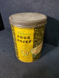 Old Vintage  FOUR ROSES FISHER COFFEE TIN ROSES GRAPHIC TIN 1 POUND CAN Antique  - Picture 1 of 9