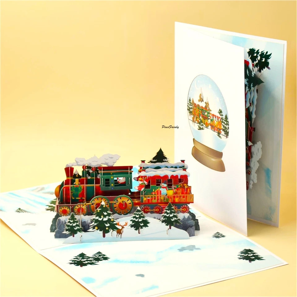 PINESFAMILY B03-3D Pop Up Christmas Greeting Card (Train, Christmas Tree, Santa, and Deer