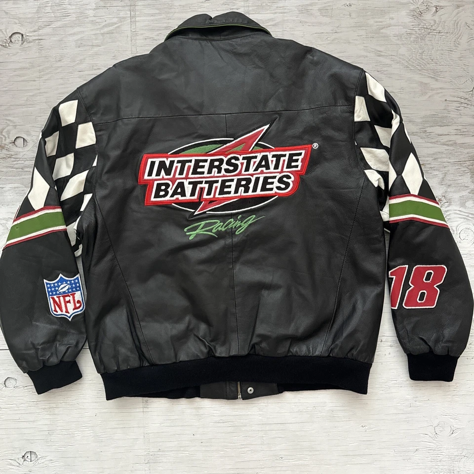 Chaqueta de cuero parche NFL vintage NASCAR Jeff Hamilton Bobby Labonte #18 talla L Foto 1 de 4