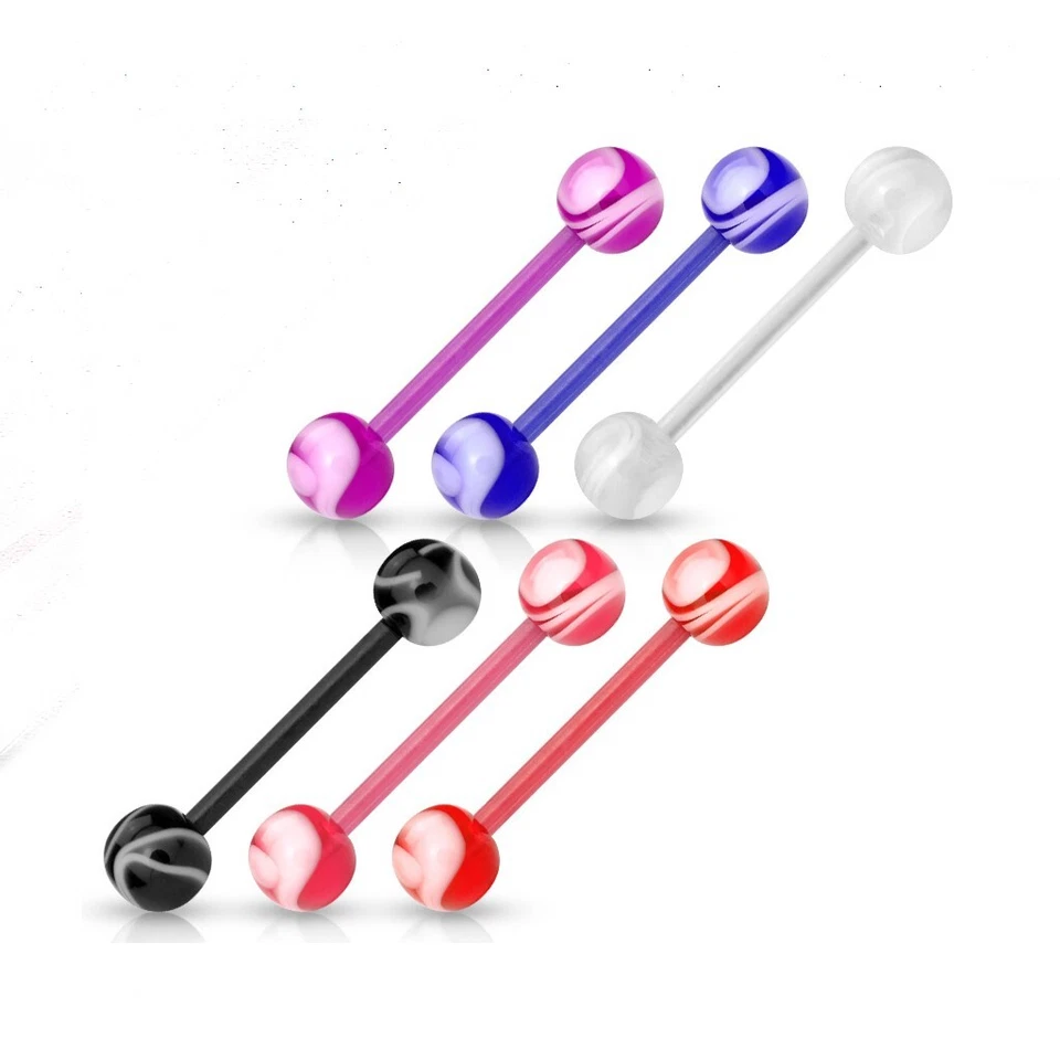 6 - 14 Gauge 5/8 Inch Tongue Barbell Bio Flex w/ Marble Swirl Acrylic Ball T253 - Image 1 of 1