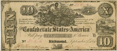 1862 $10 CSA T29 *Reproducción* Moneda Guerra Civil Esclavo Recogiendo Algodón en la foto Foto 1 de 2