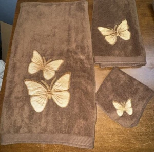 Vintage Sears '60s 3pc Chocolate Brown Applied Butterfly Towel Set - Picture 1 of 8