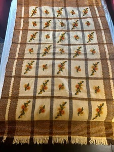Beautiful Vintage Neutral Color Floral Wool Afghan Fringed Throw - Picture 1 of 8
