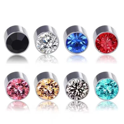 No Piercing Round Magnetic Clip On Unisex Zircon Stainless Steel Stud Earrings - Image 1 of 4