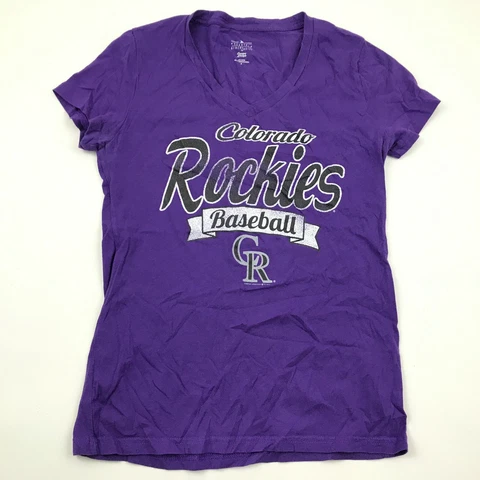 MLB Colorado Rockies Shirt Women's Size Medium M Purple Shorts Sleeve V-Neck Tee Cover
