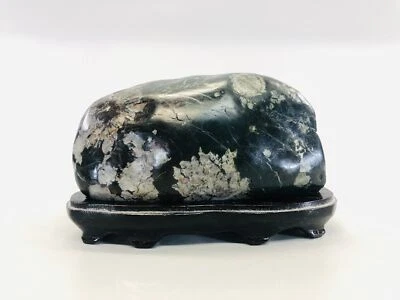 Y5364 OKIMONO Chrysanthemum stone wooden stand Suiseki Japan antique interior - Image 1 of 4
