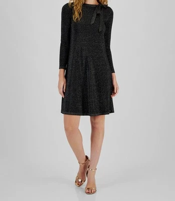 Signature by Robbie Bee Women's Black Bow-Trim-Neck Sweater Dress Petite Size PM - Image 1 of 2