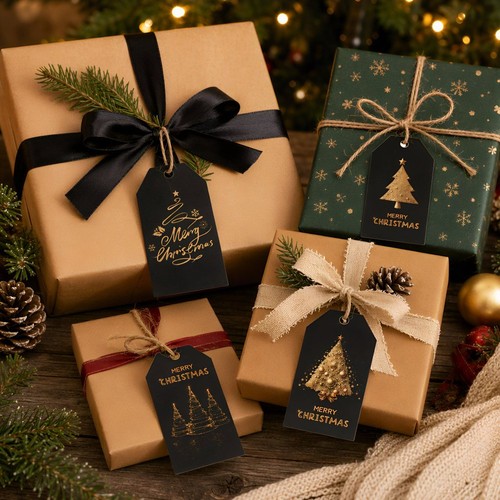 48Pcs Holiday Gift Bag Tags Black Christmas Label Gift Tags Paper with ...