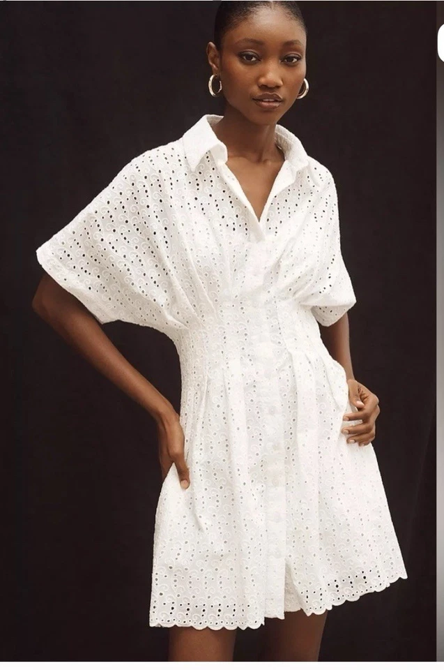 Vestido EXQUISE Anthropologie The Tobie Botón Delantero Blanco Ojales Talla S Foto 1 de 4