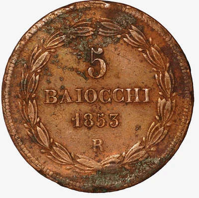 1853 R Italian States PAPAL STATES 5 Baiocchi KM# 1356 - Image 1 of 2