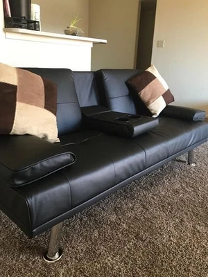 Modern Faux Leather Sofa Bed and Couch with Cupholders and Pillows, Black - Image 1 of 4