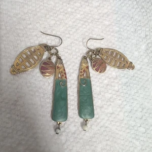 Vintage Gold Tone Teal Blue 1980s Edgar Berebi  Enamel Pierced Earrings Runway - Picture 1 of 16