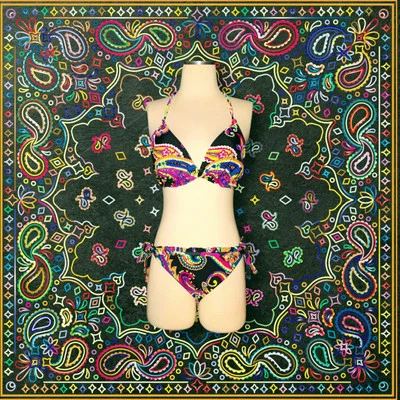 XHILARATION 2 PC Flower Paisley Bikini RUFFLE Swimsuit Pink Black Junior's XL - Image 1 of 4