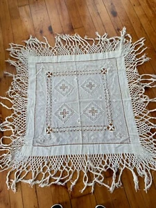 Vintage 30" SQUARE Linen tablecloth 10" FRINGE ROMANIA - Picture 1 of 5