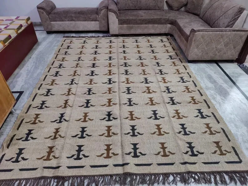 Alfombra de lana y yute hecha a mano, alfombra Kilim Dhurrie, pasillo tradicional indio Foto 1 de 4