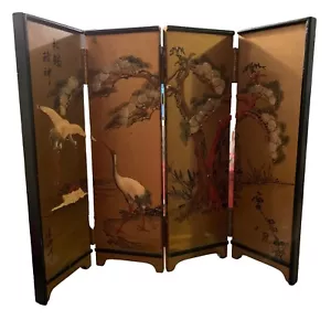 Vtg Chinese Carved Crane Birds Black Lacquer Folding Table Screen 18" W x 14" H - Picture 1 of 7