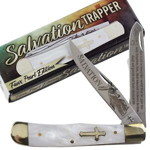 Salvation Cross Trapper John 3:16 Pocket Knife White Faux Pearl Handle