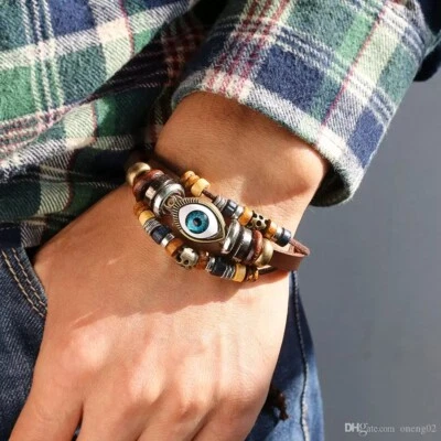 Pulseras de cuero Evil Eye trenzadas con cuentas ojos azules pavo Foto 1 de 4