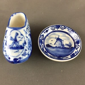Vintage Hand Painted Porcelain Delfts Blue Miniature Plate (2 1/4") Holland Shoe - Picture 1 of 10