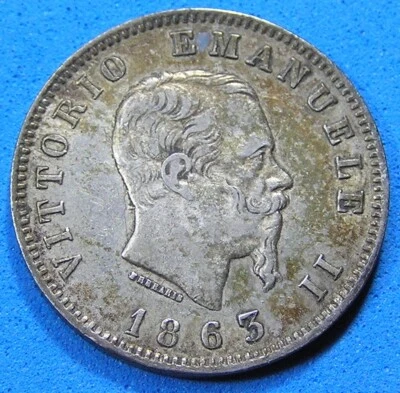 Italy 1 Lira Silver Coin 1863 MBN nice slightly toned grade KM-5a.1,Combined S/H - Image 1 of 2