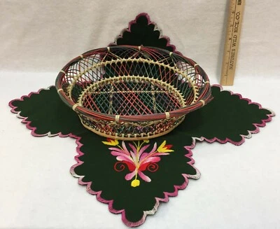 Wicker Basket w/ Liner Embroidered Green Pink Bread Bowl Table Centerpiece - Image 1 of 4