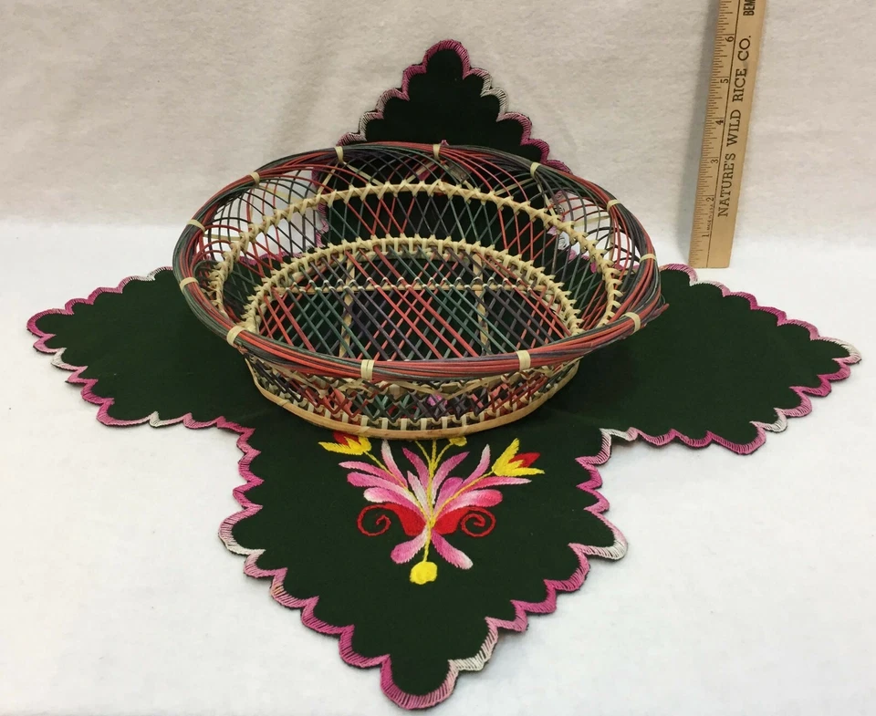 Wicker Basket w/ Liner Embroidered Green Pink Bread Bowl Table Centerpiece - Image 1 of 4