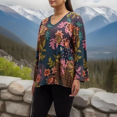 Camiseta Johnny Was Delfino Floral XXL Colorida Boho Chic Mangas Largas JWLA Adelgazante Foto 1 de 4