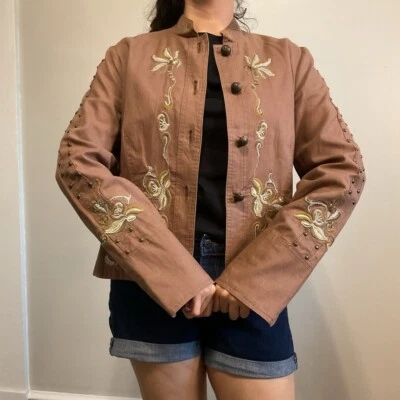 Chaqueta Y2K Vintage Bordada con Cuentas Floral Marrón Tostado - Talla Pequeña-Mediana Foto 1 de 4
