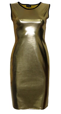 Métallique PVC Brillant Doré Or Graisse Wetlook Midi Moulante Robe Crayon Mode - Photo 1/3
