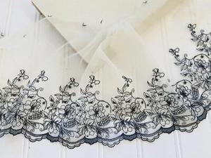 Borde de encaje bordado gris elástico de 2 yardas/base blanca ósea/costura/artesanía/7" de ancho - Imagen 1 de 15