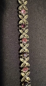 Silvertone Bracelet W/ Pink And Purple Crystals Floral Design 7.25-inch - Picture 1 of 5