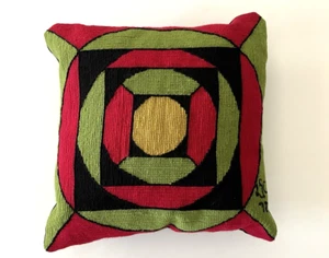 Vtg 1970s Needlepoint Pillow Bold Geometric Handmade Signed Red Green Yellow 13" - Picture 1 of 5