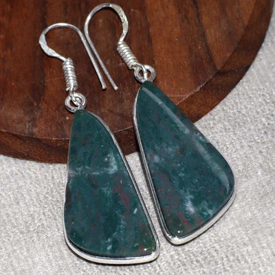 Bloodstone 925 镀银手工耳环 2 英寸民族珠宝 JW — 第 1/3 张图片