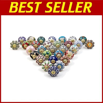 Perillas de cerámica antiguas pintadas a mano para muebles - Juego de 30 Foto 1 de 4